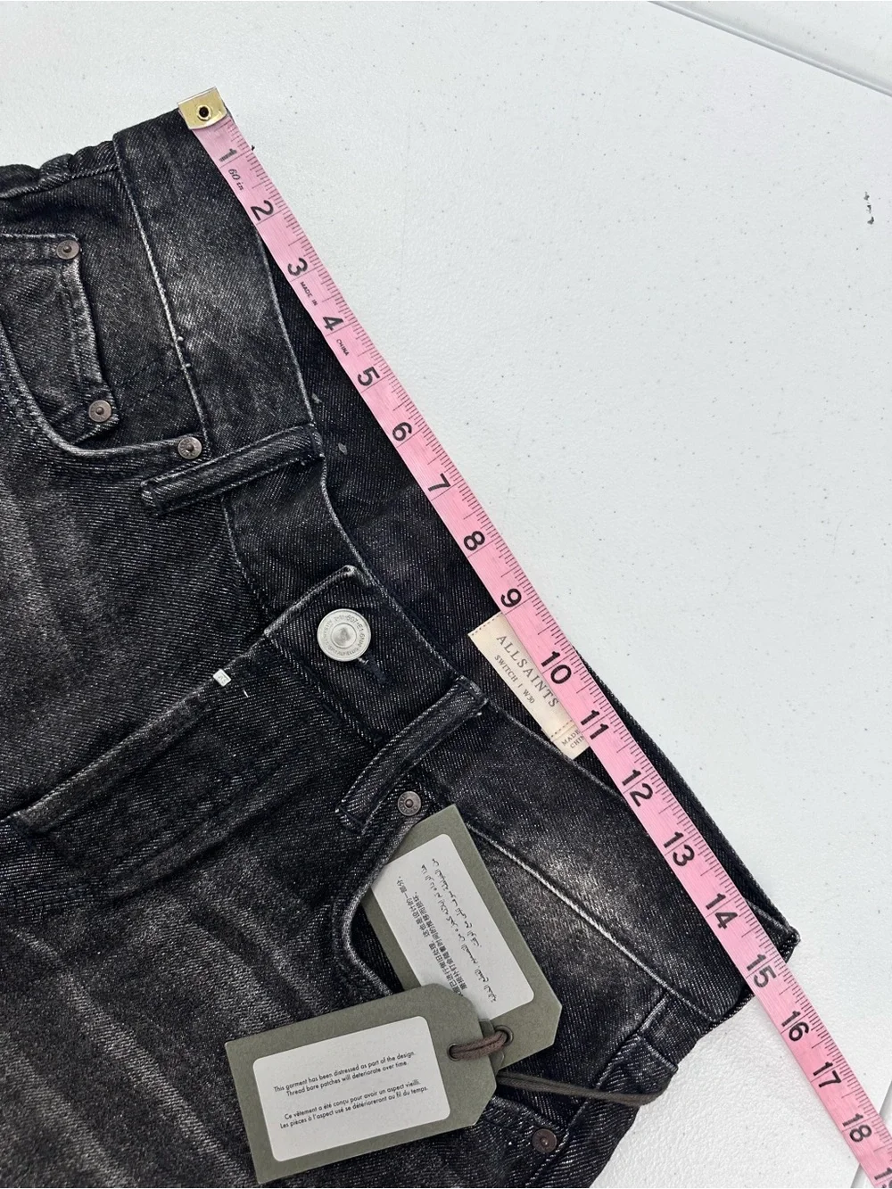 AllSaints Switch Skinny Denim Shorts Washed Black Button Fly Grunge Minimal W30